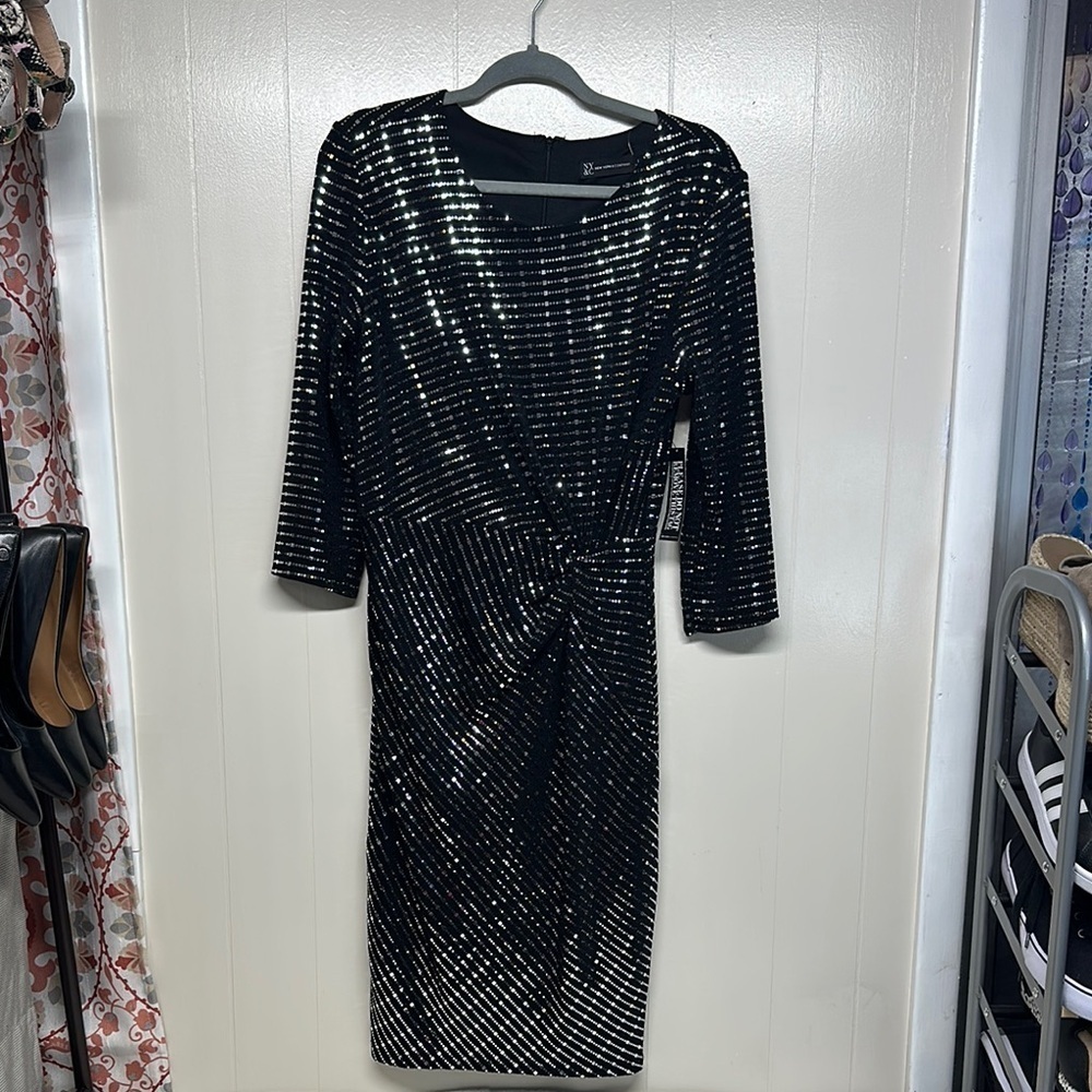 New York & Company Black Sequin Wrap Dress Stunning Sparkly lightweight